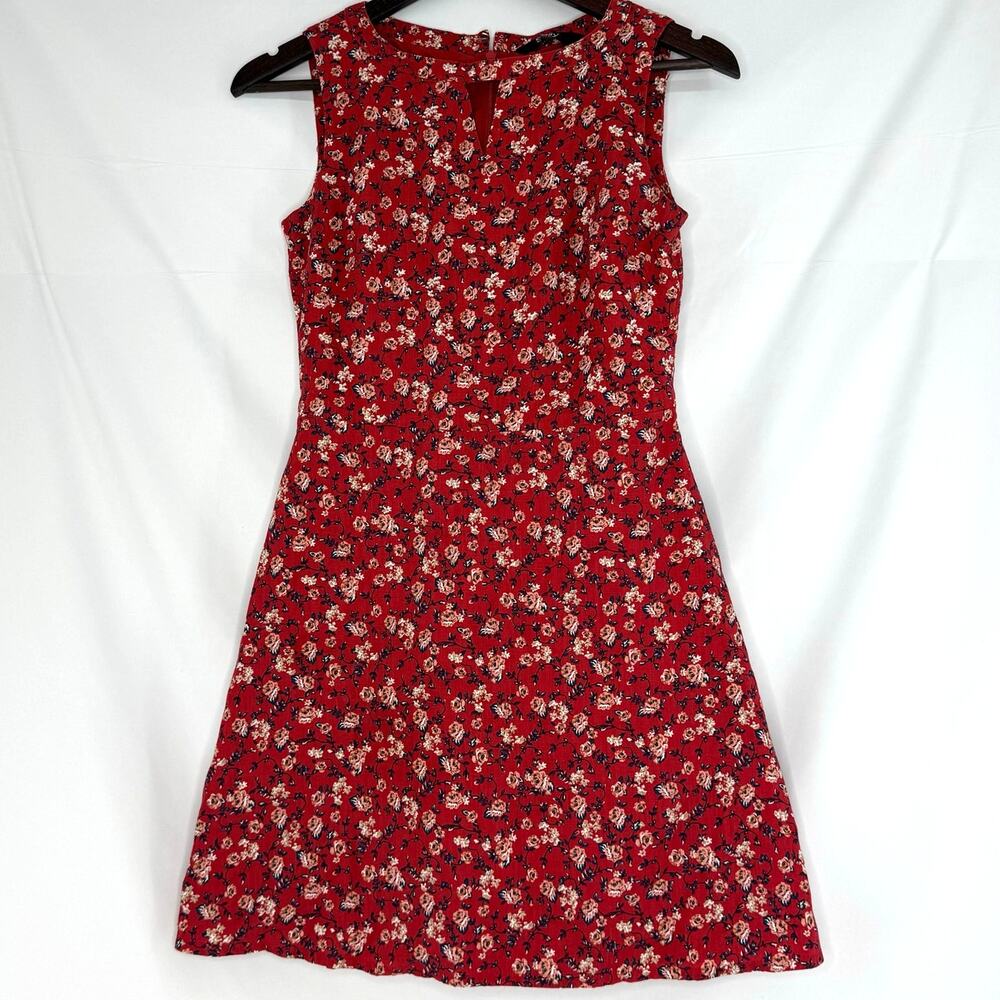 Allen Solly Red Floral Cotton A-Line Dress | XS | Keyhole Neck